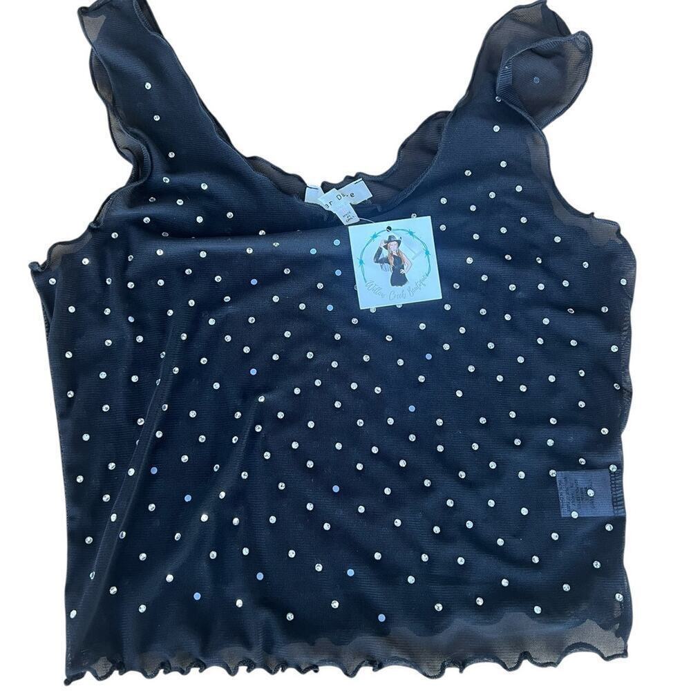 Boutique Sheer Stretch Camisole Black with Faux Diamonds, Women's L